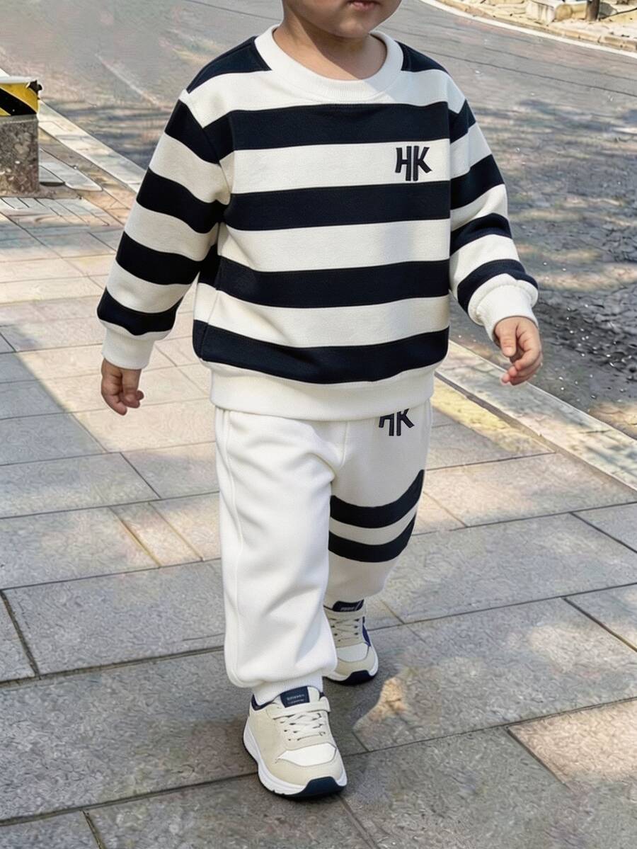 男童海軍藍白色條紋不對稱拼接字母印花毛衣套裝 返校季秋季可愛長袖套裝 - 彩色 - 查看 1