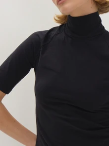 MUSEYN Black Jersey Turtle Neck Cropped Sleeve Fitted Top Chic Versatile  Everyday Casual Fall Fashion - Black - View 6