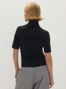 MUSEYN Black Jersey Turtle Neck Cropped Sleeve Fitted Top Chic Versatile  Everyday Casual Fall Fashion - Black - View 4