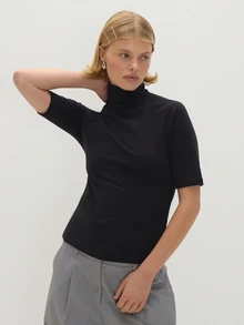 MUSEYN Black Jersey Turtle Neck Cropped Sleeve Fitted Top Chic Versatile  Everyday Casual Fall Fashion - Black - View 2