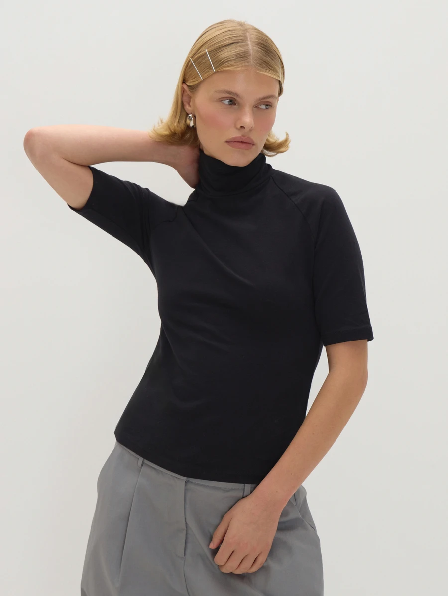 MUSEYN Black Jersey Turtle Neck Cropped Sleeve Fitted Top Chic Versatile Everyday Casual Fall Fashion - Black - View 1