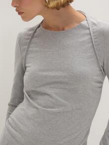 MUSEYN Grey Jersey Long Sleeve Layered Halterneck Top Chic Versatile  Everyday Casual Fall - Grey - View 3