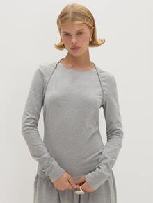 MUSEYN Grey Jersey Long Sleeve Layered Halterneck Top Chic Versatile  Everyday Casual Fall - Grey - View 2