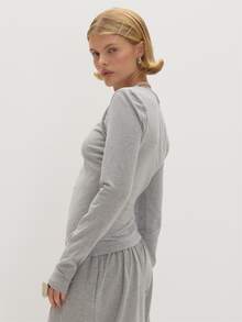 MUSEYN Grey Jersey Long Sleeve Layered Halterneck Top Chic Versatile  Everyday Casual Fall - Grey - View 4