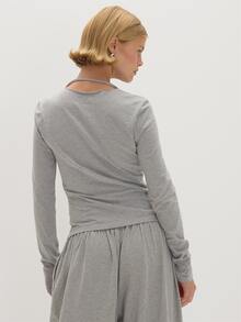 MUSEYN Grey Jersey Long Sleeve Layered Halterneck Top Chic Versatile  Everyday Casual Fall - Grey - View 5