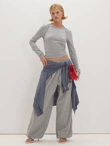 MUSEYN Grey Jersey Long Sleeve Layered Halterneck Top Chic Versatile  Everyday Casual Fall - Grey - View 1