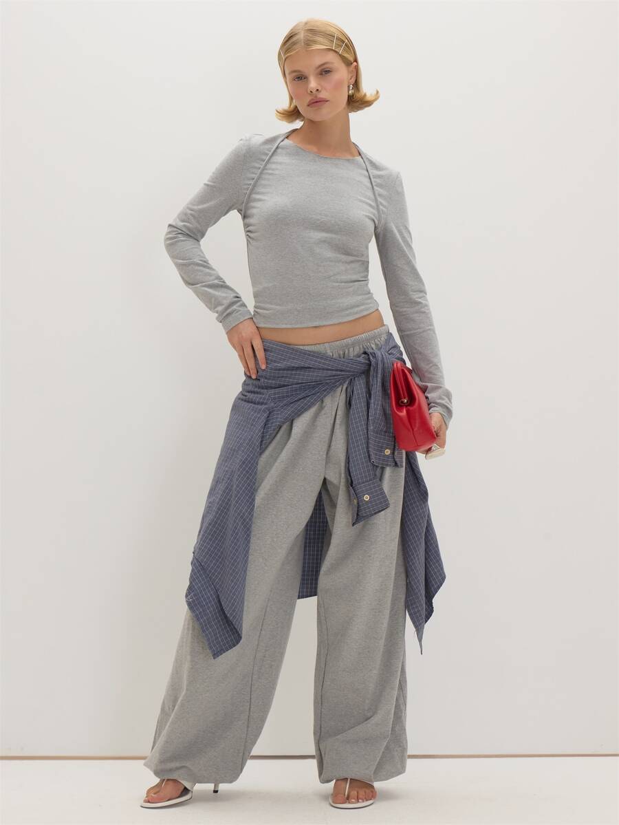 MUSEYN Grey Jersey Long Sleeve Layered Halterneck Top Chic Versatile Everyday Casual Fall - Grey - View 1