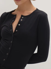 MUSEYN Black Jersey Popper Button Long Sleeve Fitted Bodysuit Everyday Casual Fall New Season Capsule Wardrobe - Black - View 5