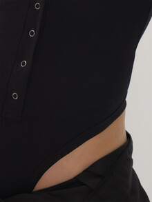 MUSEYN Black Jersey Popper Button Long Sleeve Fitted Bodysuit Everyday Casual Fall New Season Capsule Wardrobe - Black - View 7