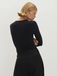 MUSEYN Black Jersey Popper Button Long Sleeve Fitted Bodysuit Everyday Casual Fall New Season Capsule Wardrobe - Black - View 3
