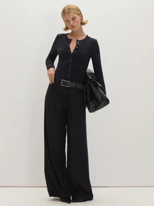 MUSEYN Black Jersey Popper Button Long Sleeve Fitted Bodysuit Everyday Casual Fall New Season Capsule Wardrobe - Black - View 1