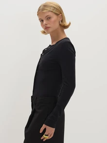 MUSEYN Black Jersey Popper Button Long Sleeve Fitted Bodysuit Everyday Casual Fall New Season Capsule Wardrobe - Black - View 6