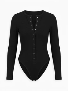 MUSEYN Black Jersey Popper Button Long Sleeve Fitted Bodysuit Everyday Casual Fall New Season Capsule Wardrobe - Black - View 9
