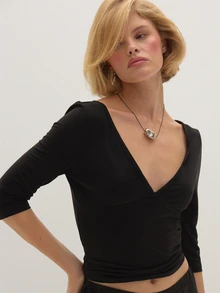 MUSEYN Black Jersey V Wrap Neckline Cropped Sleeve Fitted Top Chic Versatile  Everyday Casual Fall - Black - View 5