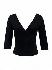 MUSEYN Black Jersey V Wrap Neckline Cropped Sleeve Fitted Top Chic Versatile  Everyday Casual Fall - Black - View 7