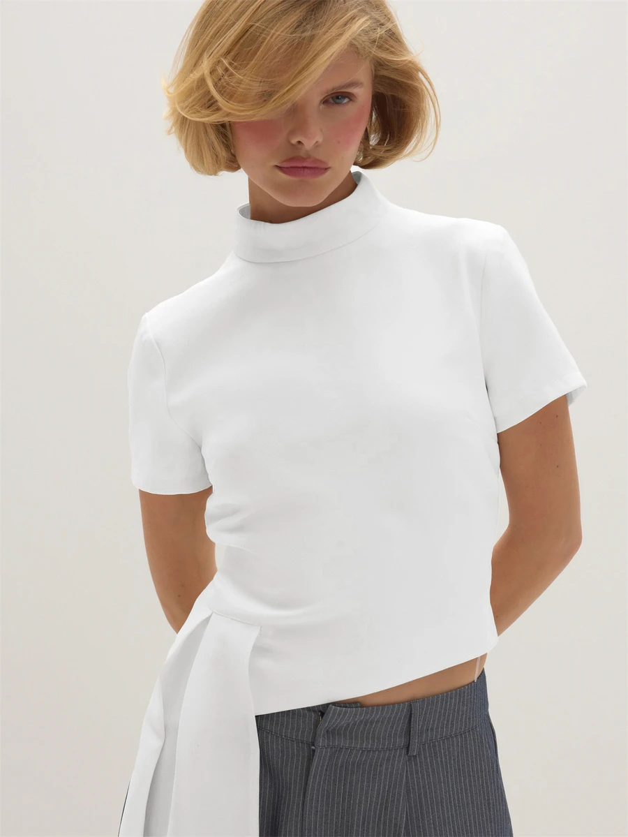 MUSEYN White Woven High Neck Structured Long Drape Side Top Everyday Casual Fall New Season Capsule Wardrobe - White - View 1