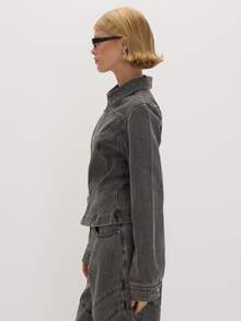 MUSEYN Grey Washed Denim Cinched Waist Seam Detail Collard Zip Jacket Casual Edgy Timeless Weekend Day Out Fall - Light Grey - View 4