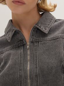 MUSEYN Grey Washed Denim Cinched Waist Seam Detail Collard Zip Jacket Casual Edgy Timeless Weekend Day Out Fall - Light Grey - View 6