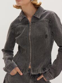 MUSEYN Grey Washed Denim Cinched Waist Seam Detail Collard Zip Jacket Casual Edgy Timeless Weekend Day Out Fall - Light Grey - View 3