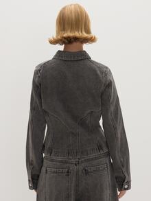 MUSEYN Grey Washed Denim Cinched Waist Seam Detail Collard Zip Jacket Casual Edgy Timeless Weekend Day Out Fall - Light Grey - View 5