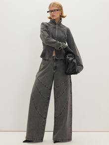 MUSEYN Grey Washed Denim Cinched Waist Seam Detail Collard Zip Jacket Casual Edgy Timeless Weekend Day Out Fall - Light Grey - View 1