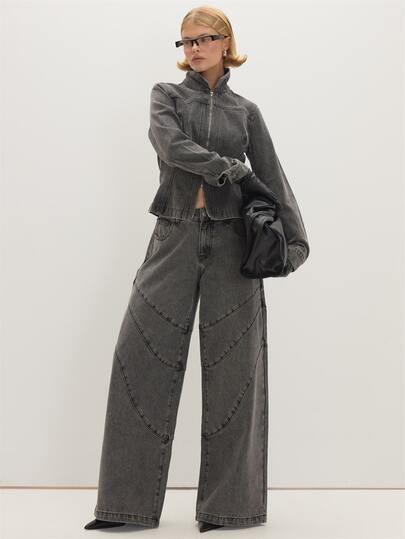 MUSEYN Grey Washed Denim Cinched Waist Seam Detail Collard Zip Jacket Casual Edgy Timeless Weekend Day Out Fall