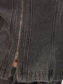 MUSEYN Grey Washed Denim Cinched Waist Seam Detail Collard Zip Jacket Casual Edgy Timeless Weekend Day Out Fall - Light Grey - View 7