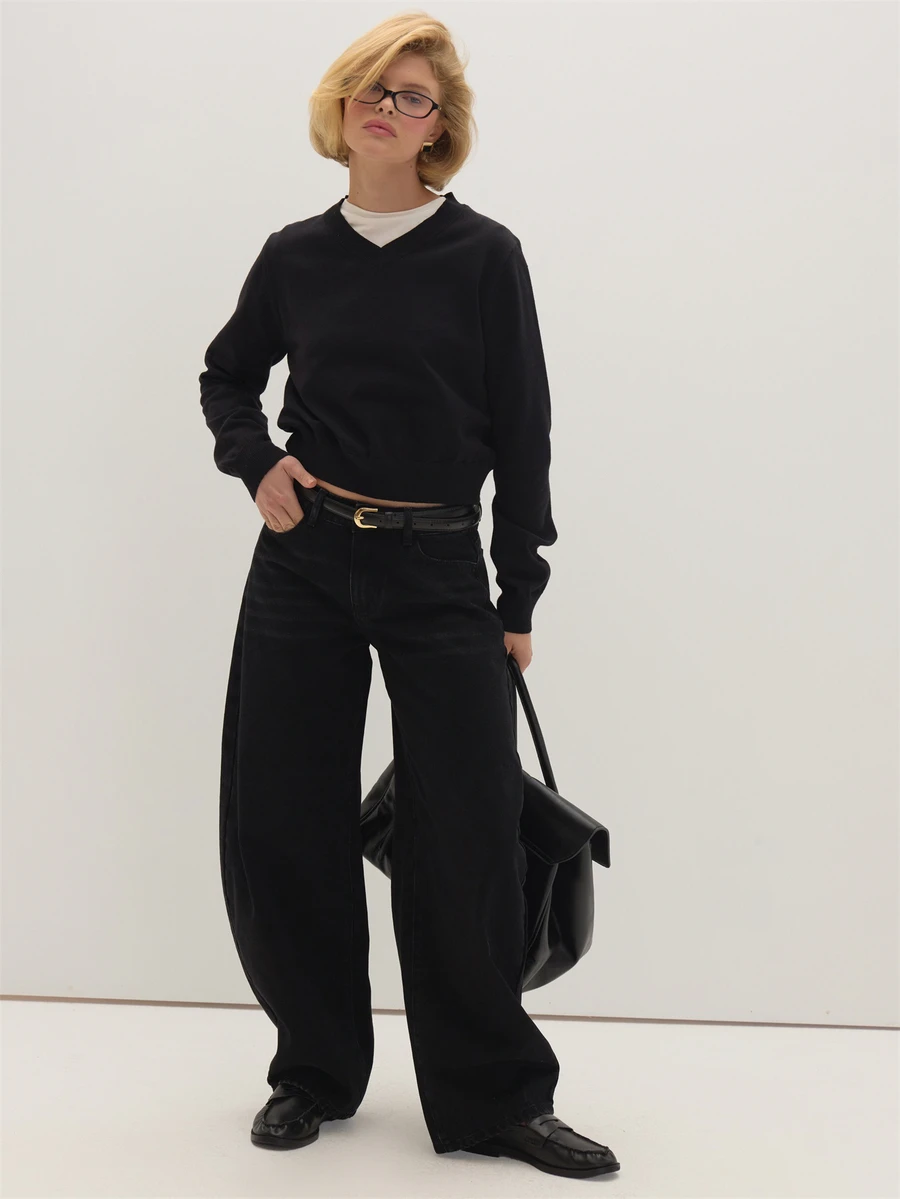 MUSEYN Black Knit High V Neckline Long Sleeve Mid Waist Jumper Cosy Textured Everyday Casual Fall - Black - View 1