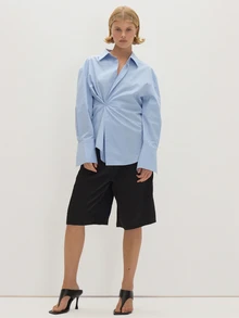 MUSEYN Blue Cinched Waist Asymmetric Button Fasten Shirt Polished Elegant Sophisticated Office Work Fall - Baby Blue - View 1