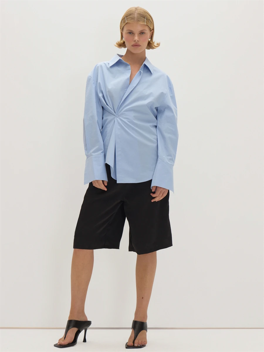 MUSEYN Blue Cinched Waist Asymmetric Button Fasten Shirt Polished Elegant Sophisticated Office Work Fall - Baby Blue - View 1