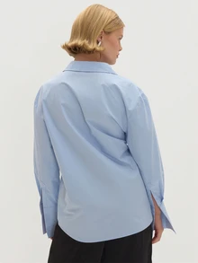 MUSEYN Blue Cinched Waist Asymmetric Button Fasten Shirt Polished Elegant Sophisticated Office Work Fall - Baby Blue - View 5