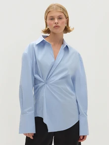 MUSEYN Blue Cinched Waist Asymmetric Button Fasten Shirt Polished Elegant Sophisticated Office Work Fall - Baby Blue - View 2