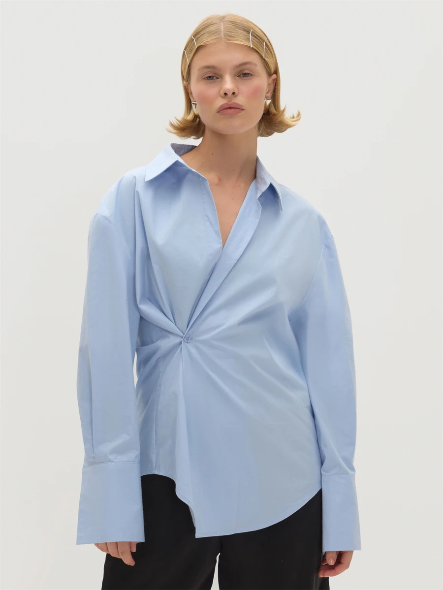 MUSEYN Blue Cinched Waist Asymmetric Button Fasten Shirt Polished Elegant Sophisticated Office Work Fall - Baby Blue - View 1