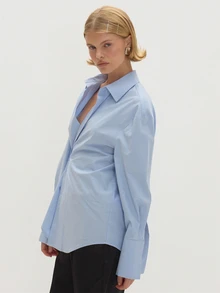 MUSEYN Blue Cinched Waist Asymmetric Button Fasten Shirt Polished Elegant Sophisticated Office Work Fall - Baby Blue - View 4