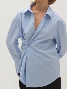 MUSEYN Blue Cinched Waist Asymmetric Button Fasten Shirt Polished Elegant Sophisticated Office Work Fall - Baby Blue - View 3