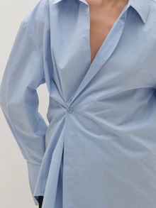 MUSEYN Blue Cinched Waist Asymmetric Button Fasten Shirt Polished Elegant Sophisticated Office Work Fall - Baby Blue - View 6