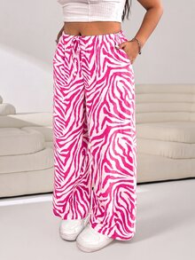 SHEIN EZwear Plus Size Fuchsia Zebra Print Casual Straight Leg Pants - Hot Pink - View 6
