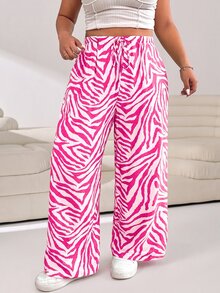 SHEIN EZwear Plus Size Fuchsia Zebra Print Casual Straight Leg Pants - Hot Pink - View 3