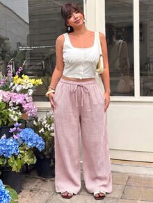 GalTyme Plus Size Light Pink Casual Soft Form Elegant Everyday Vacation Gym Textured Drawstring Waist Pants Formal Lounge Autumn Fall Homewear - Baby Pink - View 4