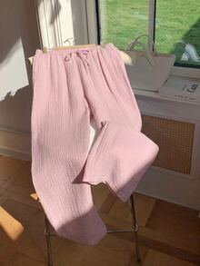 GalTyme Plus Size Light Pink Casual Soft Form Elegant Everyday Vacation Gym Textured Drawstring Waist Pants Formal Lounge Autumn Fall Homewear - Baby Pink - View 9