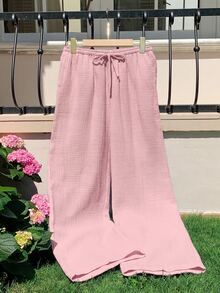GalTyme Plus Size Light Pink Casual Soft Form Elegant Everyday Vacation Gym Textured Drawstring Waist Pants Formal Lounge Autumn Fall Homewear - Baby Pink - View 8
