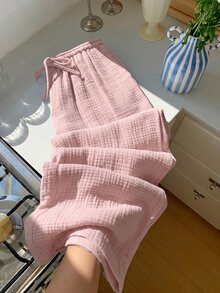 GalTyme Plus Size Light Pink Casual Soft Form Elegant Everyday Vacation Gym Textured Drawstring Waist Pants Formal Lounge Autumn Fall Homewear - Baby Pink - View 10