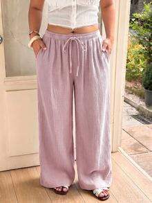 GalTyme Plus Size Light Pink Casual Soft Form Elegant Everyday Vacation Gym Textured Drawstring Waist Pants Formal Lounge Autumn Fall Homewear - Baby Pink - View 5