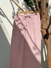 GalTyme Plus Size Light Pink Casual Soft Form Elegant Everyday Vacation Gym Textured Drawstring Waist Pants Formal Lounge Autumn Fall Homewear - Baby Pink - View 11