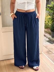 GalTyme Plus Size Women Drawstring Waist Casual Versatile Daily Wear Pants Fall - Navy Blue - View 5