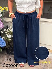 GalTyme Plus Size Women Drawstring Waist Casual Versatile Daily Wear Pants Fall - Navy Blue - View 2