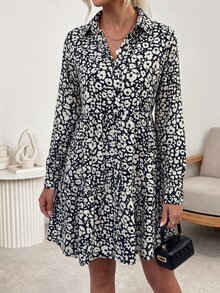 SHEIN Women's Casual Boho Ditsy Floral Short Dress, Autumn Vacation Black And White Polka Dot - Black and White - View 6