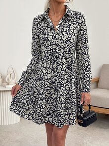 SHEIN Women's Casual Boho Ditsy Floral Short Dress, Autumn Vacation Black And White Polka Dot - Black and White - View 5