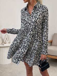 SHEIN Women's Casual Boho Ditsy Floral Short Dress, Autumn Vacation Black And White Polka Dot - Black and White - View 3