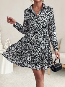 SHEIN Women's Casual Boho Ditsy Floral Short Dress, Autumn Vacation Black And White Polka Dot - Black and White - View 7